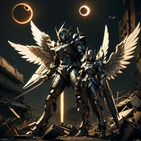 female mecha wings of angel, in black armor, in a destroyed city, the night, with an eclipse in the background