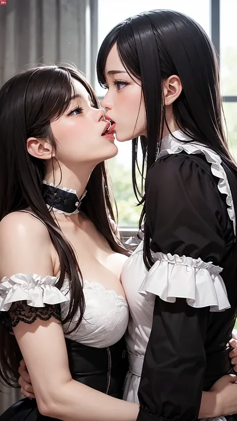 8K quality、High resolution、Two maids、Realistic skin texture、Two women love each other、High resolutionの肌、Women licking each other&#39;s nipples、Princess Hair、thin、Small and young breasts、Open the mouth to reveal a realistic tongue、Beautiful breasts、Gray Hai...