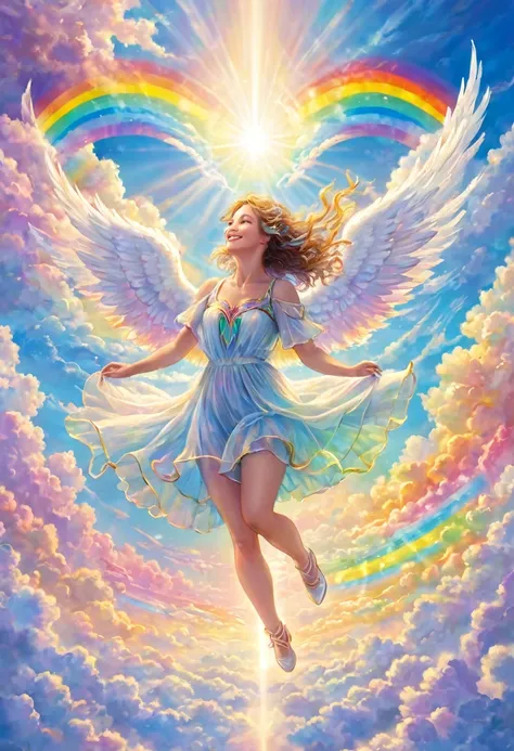 Kingdom of love, sky, above the clouds, heaven, rainbow light heart, joy, sharing, happiness of angels, dance