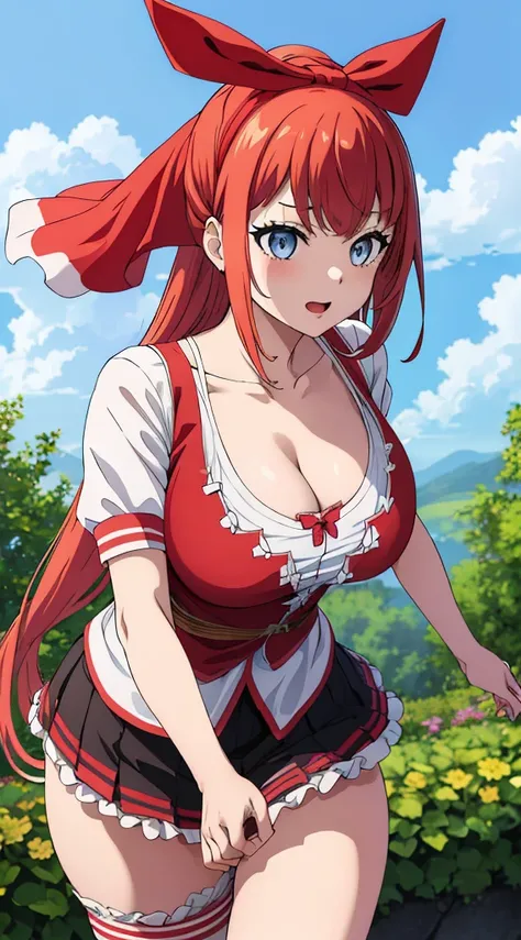 In underwear、Panties in full view、白のパンティ、Blue Stripes々Large bra 1, 1girl, asahina mikuru, long hair, kita high , solo,  short sleeves, red ribbon, large breasts, cowboy shot, waving, outdoors, leaning forward,