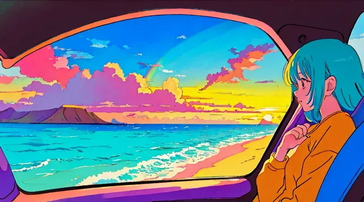 masterpiece, Highest quality, Rainbow Style, アニメ, Beautiful Asian Girl, Sitting in a car, Along the Hawaiian Coast, Cute and dreamy,アニメ,Illustrator,LOFI Girl, Blues,landscape,Sunset