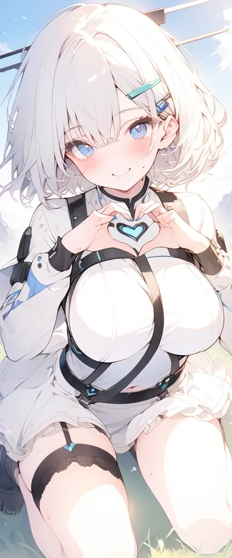 beautiful, masterpiece, Highest quality, anime, One girl, C Cup,Portrait Shot, View your viewers, Covered、Short Hair、nearby、Blue Eyes、art、、White hair,Blue streaked hair、hairpin、Cute smile、Thighs、Cute、blue sky、Beautiful breasts、Full Harness、valley、Sweat、Und...