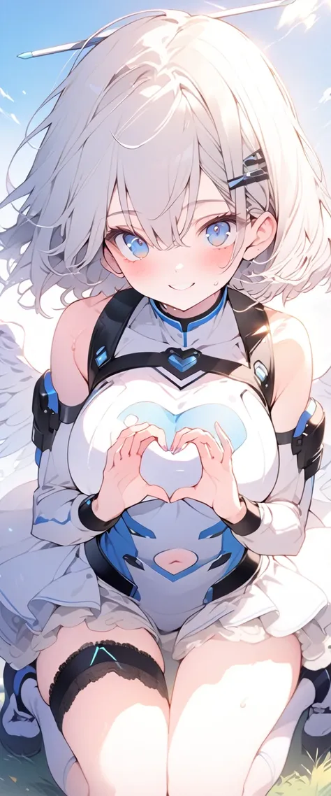 beautiful, masterpiece, Highest quality, anime, One girl, C Cup,Portrait Shot, View your viewers, Covered、Short Hair、nearby、Blue Eyes、art、、White hair,Blue streaked hair、hairpin、Cute smile、Thighs、Cute、blue sky、Beautiful breasts、Full Harness、valley、Sweat、Und...