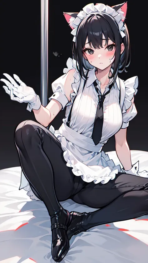 18-year-old girl，cute，Wear the maid outfit and a black work tie，Wear a maid hat，Wear cat ears，Wear black pants，Wear black booties，Wear white gloves，Black hair，Black eyes，blush，sweat，porn pose