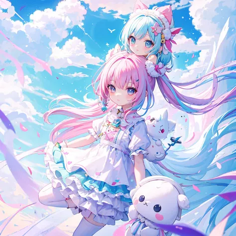 （（a sticker：1.5）））， （（Chibi Character））， （white backgrounid）， fluffly， girl with， Sorcerers costume，  full body Esbian， Pastel Hair， Pastel colors hair， fairytale，  T-shirt design， tmasterpiece， best qualtiy，Shining eyes、cute little!!Chibi!!!,