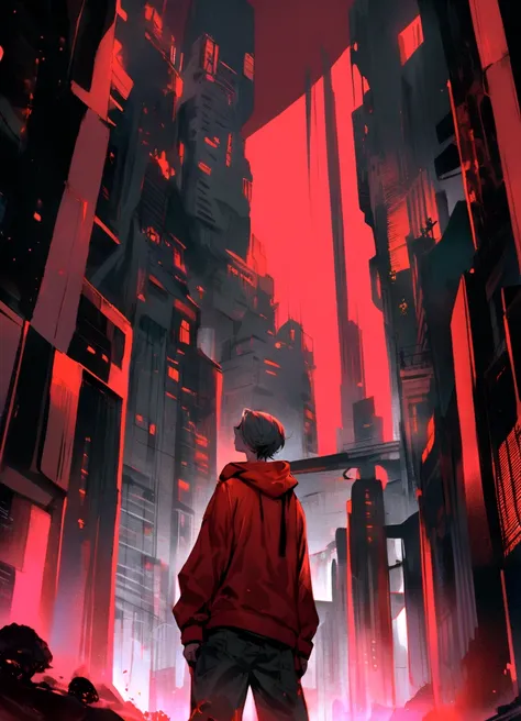 A digital artwork featuring a boy in a red hoodie and red boots standing in an urban environment. The scene is viewed from a low angle, looking up at the boy and the tall, grey buildings surrounding him. The buildings have a futuristic, dystopian aesthetic...