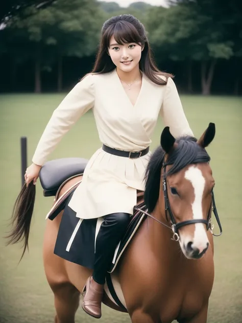 Polaroid photo taken in 1990, Teenage Japanese princess riding a horse at a ranch, Full body image of Japanese Teenage Princess, Elegant upper-class elite secretary, facing the camera,  Elegant smiles, light makeup,  Beautifully trimmed black hair, white s...