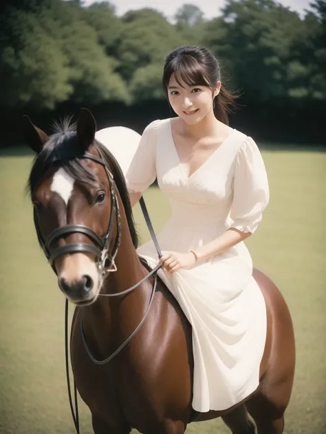 Polaroid photo taken in 1990, Teenage Japanese princess riding a horse at a ranch, Full body image of Japanese Teenage Princess, Elegant upper-class elite secretary, facing the camera,  Elegant smiles, light makeup,  Beautifully trimmed black hair, white s...