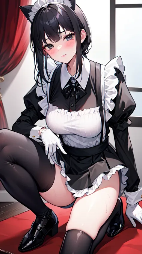 18-year-old boy，cute，Wear the maid outfit and a black work tie，Wear a maid hat，Wear cat ears，Wear black pants，Wear black booties，Wear white gloves，Black hair，Black eyes，blush，sweat，porn pose