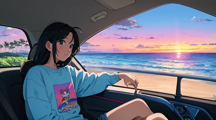 masterpiece, Highest quality, Rainbow Style, アニメ, Beautiful Asian Girl, Sitting in a car, Along the Hawaiian Coast, Cute and dreamy,アニメ,Illustrator,LOFI Girl, Blues,landscape,Sunset