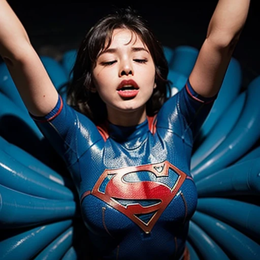 Busty Supergirl、Accurate Supergirl costume、(Wrapping rubber hose around the whole body:1.4)、Open your mouth wide、Close ~ eyes、Lift your chin、(A long rubber hose is wrapped around one&#39;s neck:)、(A large number of rubber hoses are approaching from behind:...