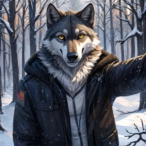 
there is a gray wolf with yellow eyes, he is wearing a black winter jacket and black pants, he is looking at the camera, he is smiling, he is in a forest on a snowy day