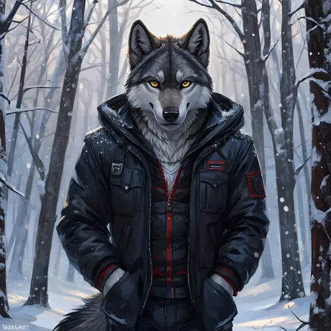 
there is a gray wolf with yellow eyes, he is wearing a black winter jacket and black pants, he is looking at the camera, he is smiling, he is in a forest on a snowy day