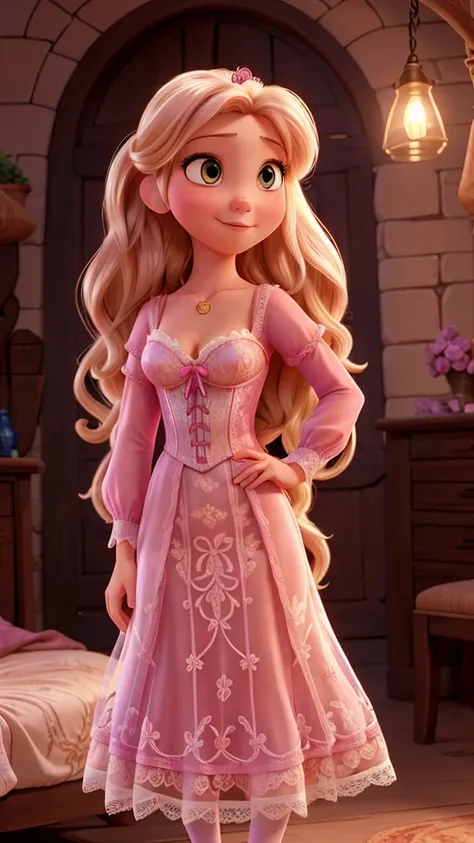 Rapunzel from tangled wearing light pink lace lingerie 