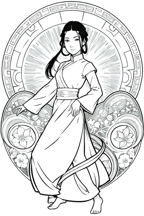 katara waterbending avatar elements airbender waterbender pursuit of their dreams, coloring book page coloring art, all-white ba...