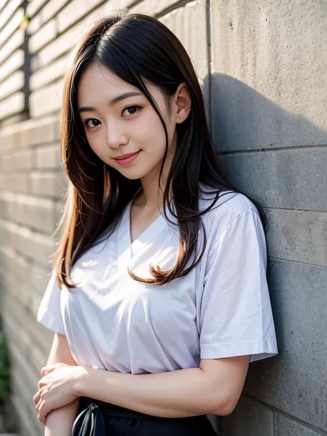 Japanese woman standing in front of a wall, 27 years old,Idol,Nao Kosaka,Smile, close up