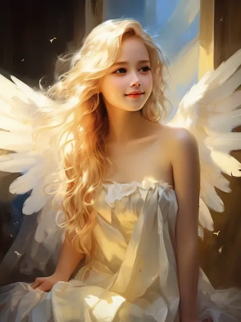 1 angel girl, wings on your back、blonde, long hair, alone、smile、magic, strapless white dress、hopeful face、