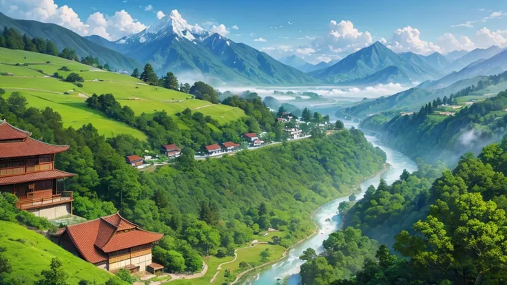 a peaceful landscape, Could be a painting, with a river flowing through the valley and traditional Asian-style houses nestled among lush green nature. The mist-covered mountains lie in the background, and there are birds flying in the sky. The scene is qui...