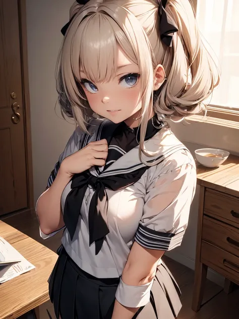 (Browsing Caution), One Girl, class room, Confused and tearful、Sweat、 shortsleeve serafuku, sailor collar, ,Color Hair Color, Small breasts、blush, bow, 赤いbow, Long sleeve, shirt, 襟付きのshirt, skirt, プリーツskirt, 黒いskirt, Small breasts, {{{Face close-up}}},Uppe...