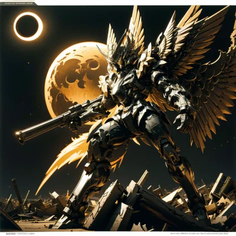 female mecha wings of angel, in black armor, in a destroyed city, the night, with an eclipse in the background