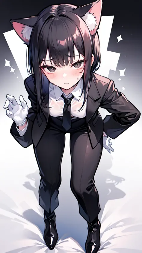 18-year-old Shota，cute，Wear a white long-sleeved shirt and a black work tie，Wear black pants，Wear black booties，Wear white gloves，wear cat ear，Black hair，Black eyes，Handsome，Disdainful and cold expression，shy，blush，Sweating，porn