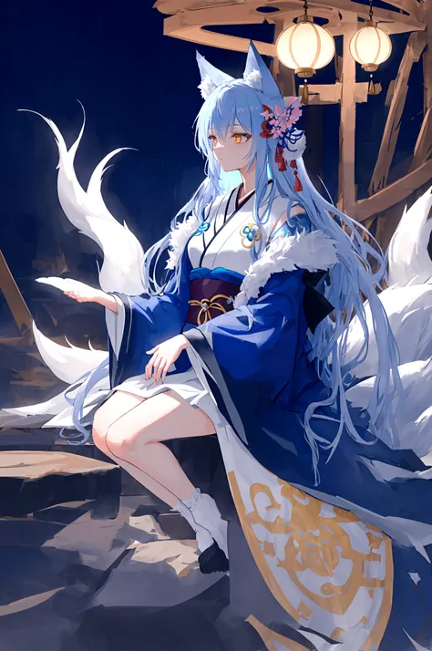 fox Light blue hair 　beast girl　indigo fur　fox beast girl　fox Light blue hair 　beast girl　indigo fur　fox beast girl　Wallpaper 4k,8k,highly detailled,,vivid colors,detailed kitsune with 9 tails,traditional Japanese artwork,tatami floor,beautiful cherry blos...