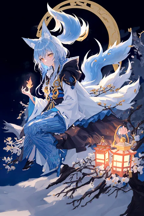 fox Light blue hair 　beast girl　indigo fur　fox beast girl　fox Light blue hair 　beast girl　indigo fur　fox beast girl　Wallpaper 4k,8k,highly detailled,,vivid colors,detailed kitsune with 9 tails,traditional Japanese artwork,tatami floor,beautiful cherry blos...