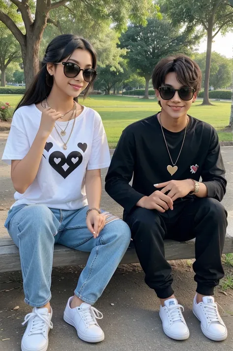 Create 20 years old girl and boy sitting in beautiful Park ground with stylish pose And Making heart with your hands, eyes to eyes contact. girl and Boy wearing black shirt, with name "RINKI" and "RINKI" write on shirt with white shoes. he is Looking so cu...