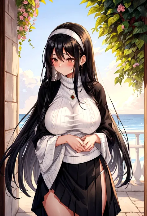 Beauty mother-in-law　Height difference　Black Hair　Straight long hair　hair band　Knitted sweater　Mother and daughter have beautiful breasts　The wind flips up my skirt　White panties　Feeling embarrassed