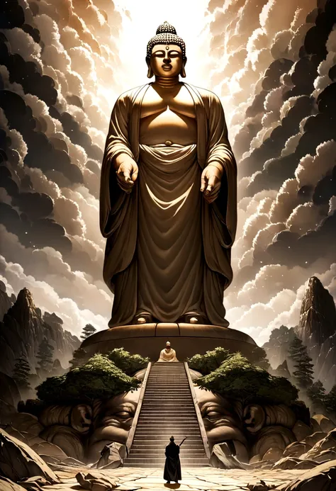 A huge Buddha statue seen in the distance, stone, texture, expensive, Majestic, The background is illuminated by sunlight.，cloud, Inverted Image，side，Pilgrims&#39; Path,Muscle々