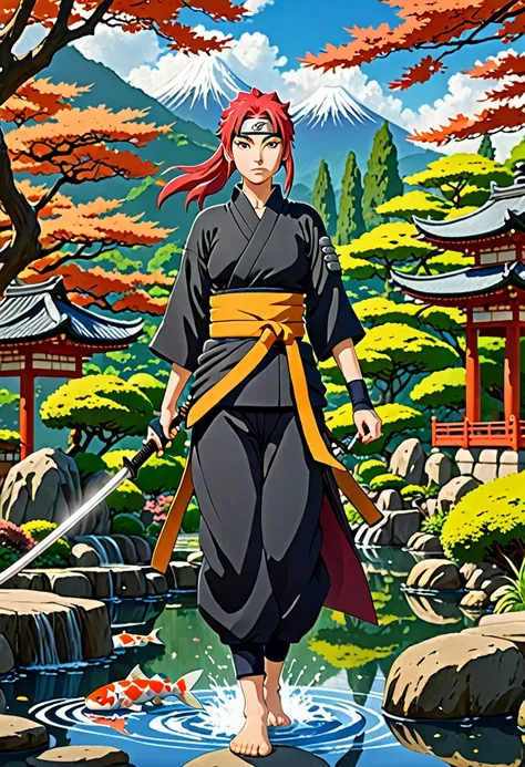 A strong and serious female ninja with red and yellow hair from the Naruto series, wielding a katana. She is in a traditional Japanese garden with koi ponds, stone lanterns, and meticulously pruned trees. The art style is influenced by Studio Ghibli, with ...