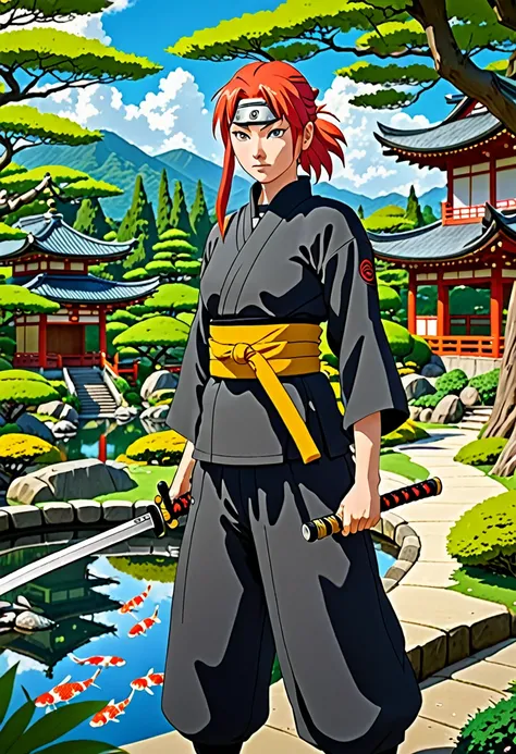 A strong and serious female ninja with red and yellow hair from the Naruto series, wielding a katana. She is in a traditional Japanese garden with koi ponds, stone lanterns, and meticulously pruned trees. The art style is influenced by Studio Ghibli, with ...