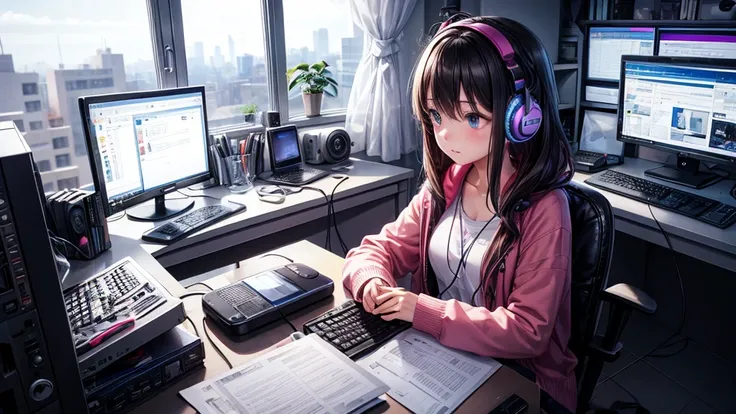 A girl is working on a PC at home while listening to music through headphones