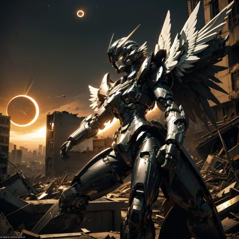 female mecha wings of angel, in black armor, in a destroyed city, the night, with an eclipse in the background