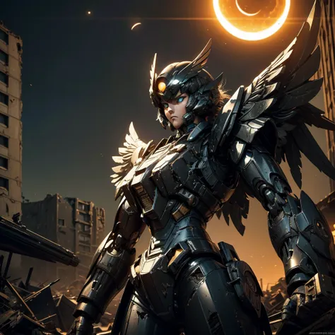 female mecha wings of angel, in black armor, in a destroyed city, the night, with an eclipse in the background