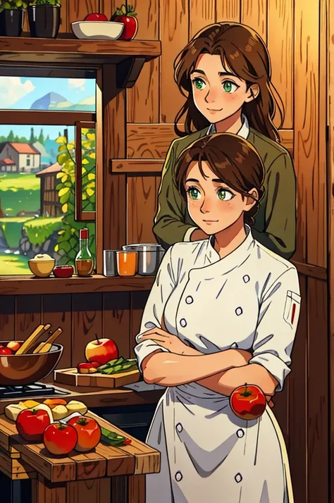 A beautiful woman with green eyes and brown hair with ((chef clothes)) expressive a sad look. A background with a dramatic wooden wall An art for an RPG，Smile，Tomato and apple，soup