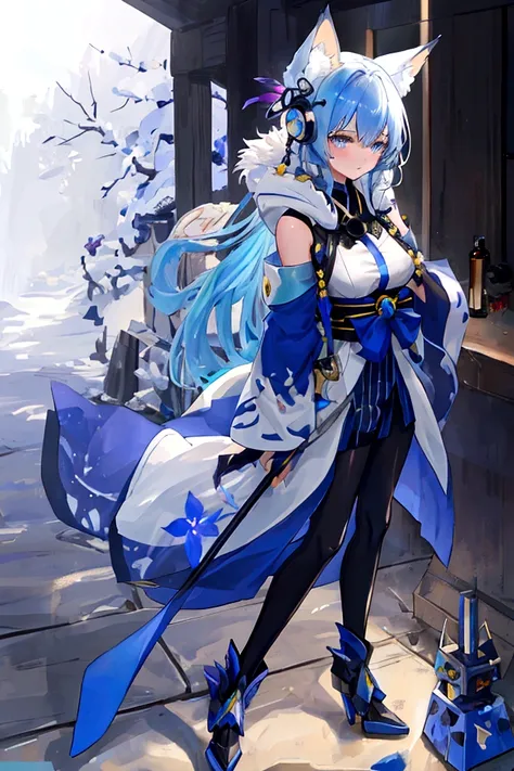 fox Light blue hair 　beast girl　indigo fur　fox beast girl　fox Light blue hair 　beast girl　indigo fur　fox beast girl　Wallpaper 4k,8k,highly detailled,,vivid colors,detailed kitsune with 9 tails,traditional Japanese artwork,tatami floor,beautiful cherry blos...