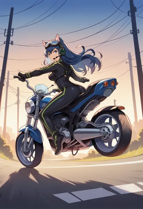 Masterpiece, Best quality, 8K Ultra High-Quality, ultra-detailed, High quality, Dark Blue hair, Long hair, Headset, goggles, cat girl, riding on a motorcycle, sports motorcycle, large motorcycle, Kawasaki H2R, tight rider suit, Body harness, full body, mot...