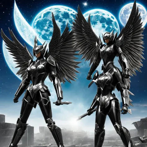 female mecha wings of angel, in black armor, in a destroyed city, the night, with an eclipse in the background