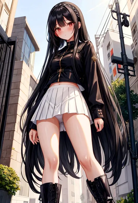 Black Hair　straight　Long Hair　hair band　boots　mini skirt　Outdoor　Panty shot　White panties　Feeling embarrassed