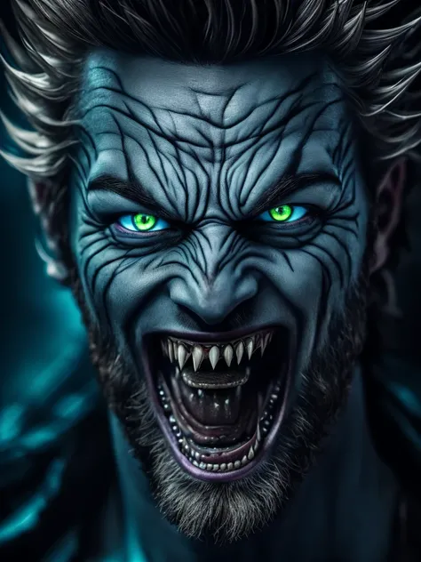 a crazed god of destruction, ultra detailed portrait, striking blue eyes, sharp fangs, wild hair, sinister grin, dark gloomy atmosphere, dramatic lighting, dark fantasy, dark magic, dark magic energy, powerful presence, danger, malevolent, ominous, (best q...