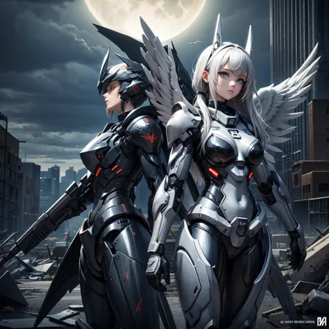 female mecha wings of angel, in black armor, in a destroyed city, the night, with an eclipse in the background