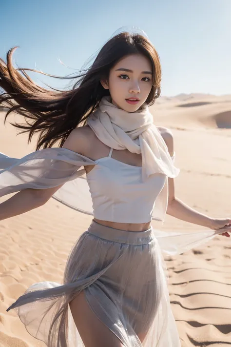 Real world situations，In the desert，on the sand dunes，Desert Area，beautiful young asian girl，26 years old，Whitening & supple skin，Wear a transparent see-through tulle skirt.，Tulle material，scarf，A strong wind blows the gauze skirt.，The gauze skirt floats v...