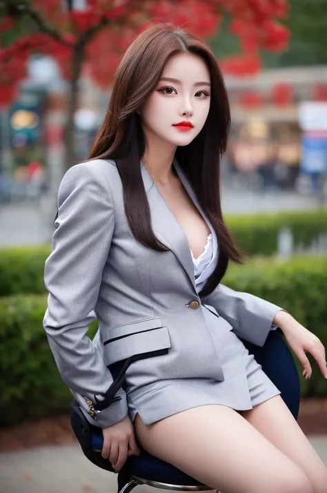 a 22 year old face of the most beautiful actress in the world, the perfect body proportions of a female, blazer for a female is worn on formal shirt of upper body, exposed vagina between opened legs, detailed genitalia of female lower body, sitting on a ch...