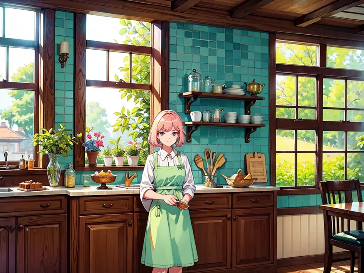 (best quality,4k,8k,highres,masterpiece:1.2),ultra-detailed,a woman standing in the kitchen with mint apron, detailed pink eyes, blonde hair, extremely detailed face, long eyelashes, homely atmosphere, modern utensils,glass jar filled with colorful spices,...