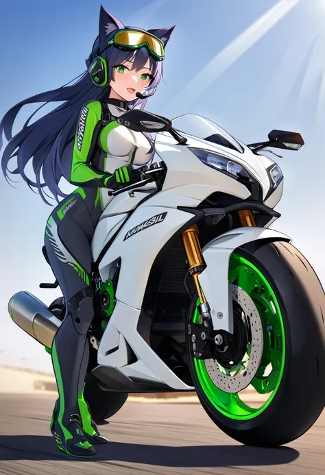 Masterpiece, Best quality, 8K Ultra High-Quality, ultra-detailed, High quality, Dark Blue hair, Long hair, Headset, goggles, cat girl, riding on a motorcycle, sports motorcycle, large motorcycle, Kawasaki H2R, tight rider suit, Body harness, full body, mot...