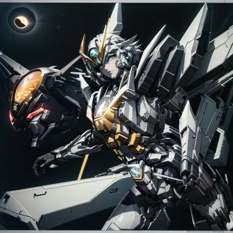 female mecha wings of angel, in black armor, in a destroyed city, the night, with an eclipse in the background