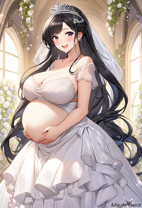 (((Beautiful, masutepiece, Best Quality, ultra-detailliert,))) 1 adult woman,Pregnant,Wedding ((Princess Dress,long frill,big frill,Long hair,))twin drills,Black hair,Hair Ribbon,Smile,smile shy, Huge breasts,Open mouth,