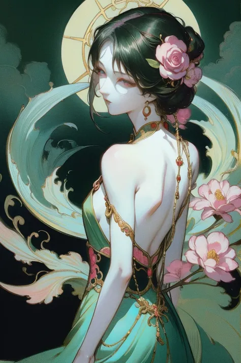 There  a womans back in ancient China, back of head，(solo)，(Bare back tattoo)，beautidful eyes，detailed face with，like a dream, green and pink flowers, Ukiyo-style, Works of art in the style of Guwitz, Guviz, Alphonse Mucha and Rose Drews, A beautiful artis...