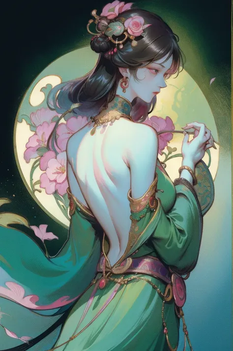 There  a womans back in ancient China, back of head，(solo)，(Bare back tattoo)，beautidful eyes，detailed face with，like a dream, green and pink flowers, Ukiyo-style, Works of art in the style of Guwitz, Guviz, Alphonse Mucha and Rose Drews, A beautiful artis...